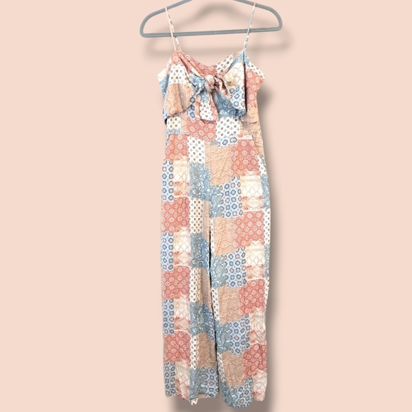 Twik Pastel Patchwork Paisley Floral 100% Viscose Sleeveless Tie-Front Jumpsuit - Picture 1 of 10